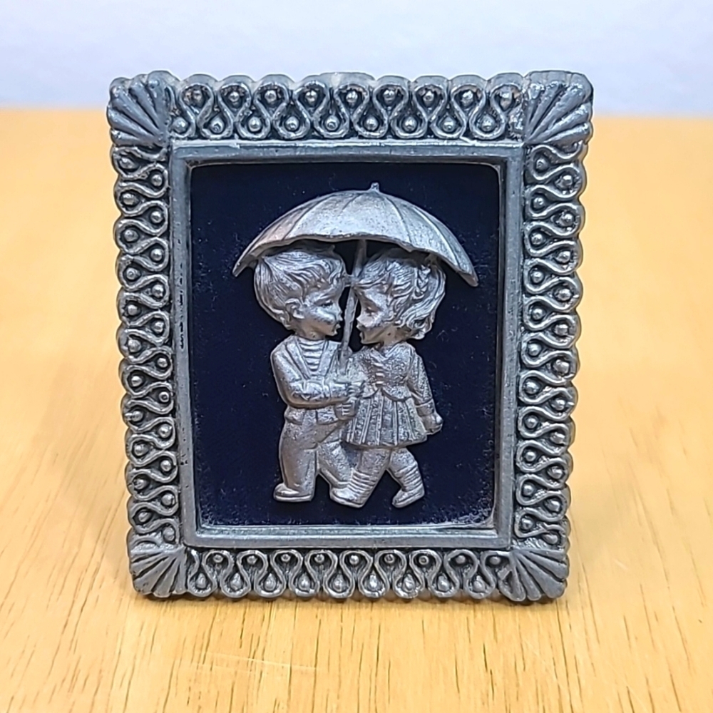 Vintage Boy & Girl Holding Umbrella 3D Picture Made Of Metal Pewter